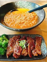 Spicy Shin Ramen Noodle Soup with Steak Shrimp Chicken